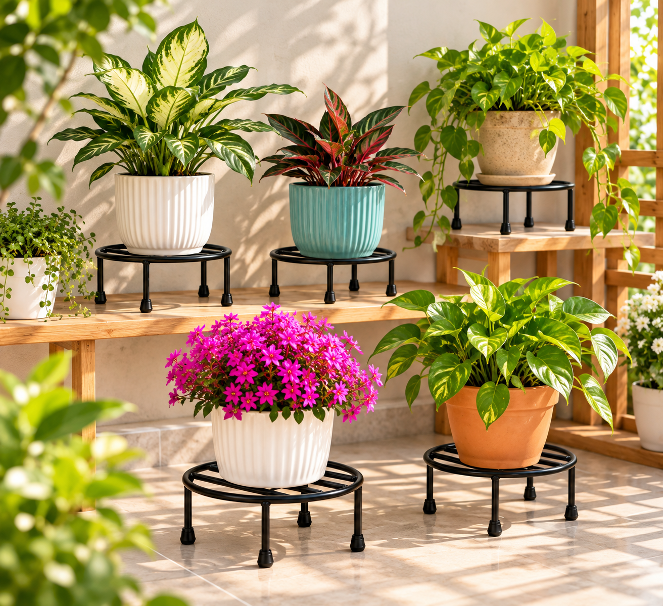 Round Plant Stand Galvanised Metal Gamla Support Corner Rack Display Shelf Indoor & Outdoor Flower Pot Holder for Planters Home Garden Balcony Decoration (Pack of 4, Black) thumbnail 2