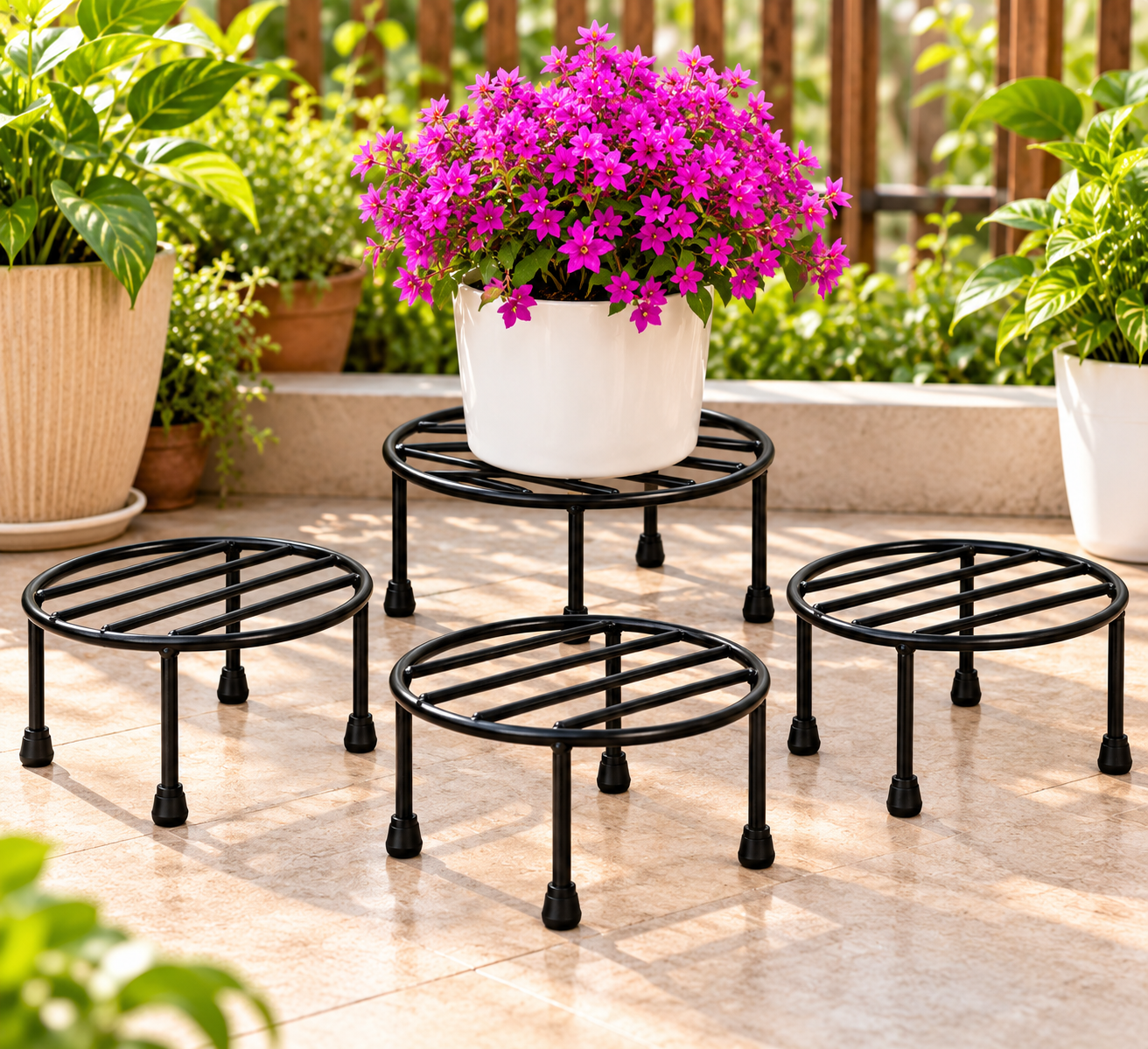 Round Plant Stand Galvanised Metal Gamla Support Corner Rack Display Shelf Indoor & Outdoor Flower Pot Holder for Planters Home Garden Balcony Decoration (Pack of 4, Black) thumbnail 4
