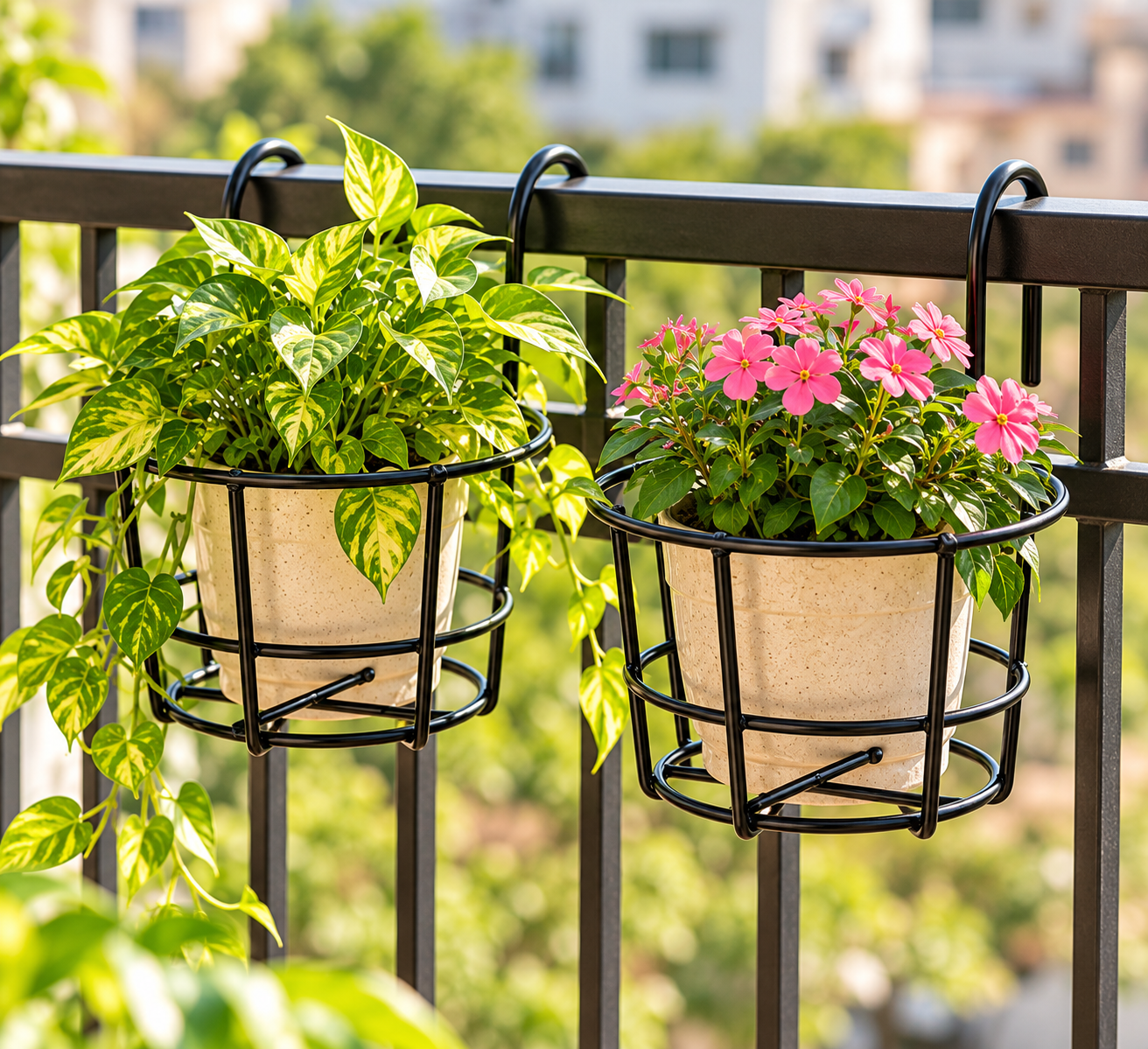 Retailers Genius Metal Balcony Railing Hanging Planter Stand Outdoor Flower Pot Holder, Heavy Duty Rustproof Plant Rack for Garden, Terrace (2, Round Hanging Stand)