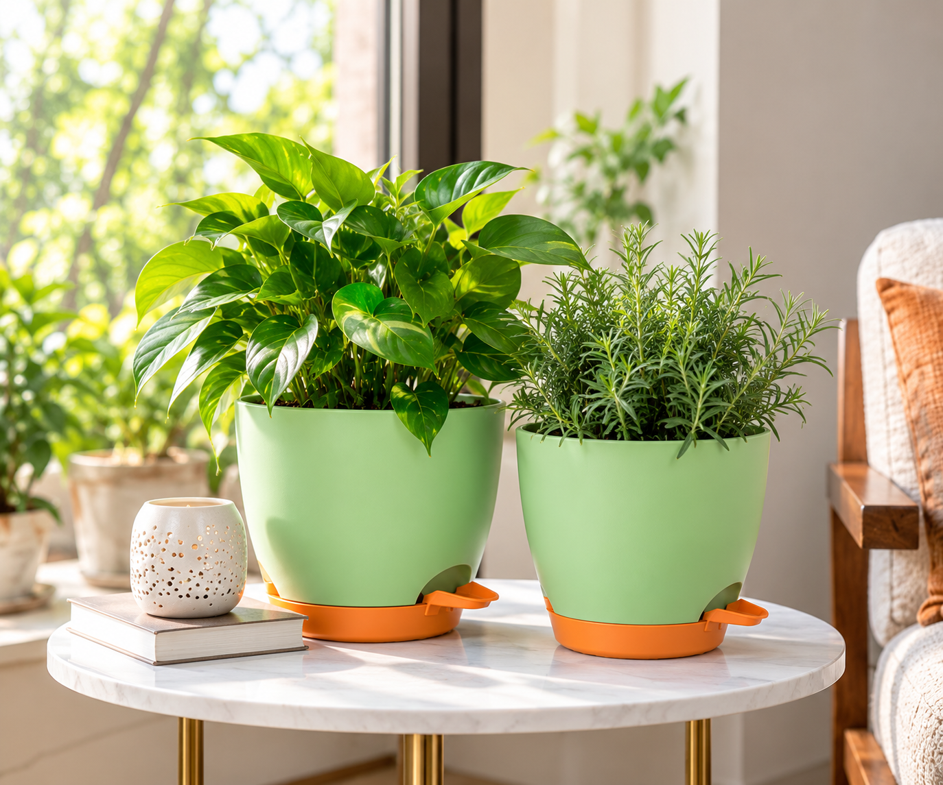MITHARK 6/6.7 Inch Self-Watering Flower Pots Indoor Outdoor, Drainage Hole Saucer Plant Container Set (Pack of 5, Plastic) thumbnail 4