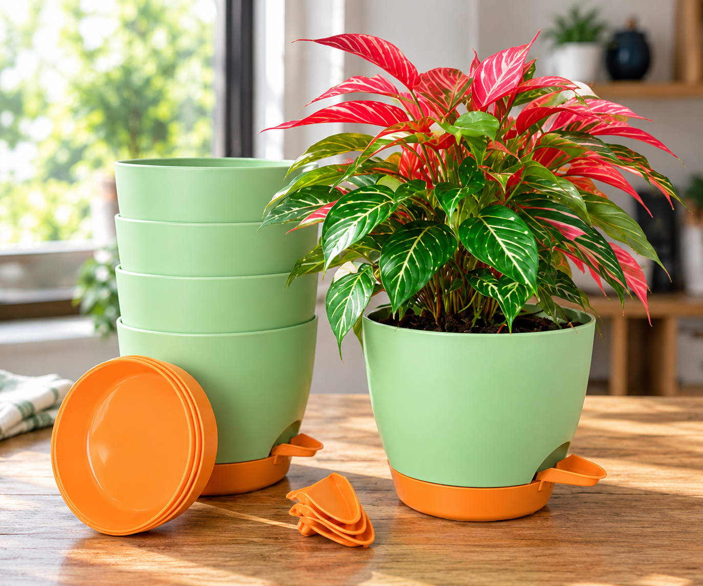 6-Inch Green Modern Self-Watering Plastic Plant Pots with Drainage Holes & Saucers (Pack of 5)