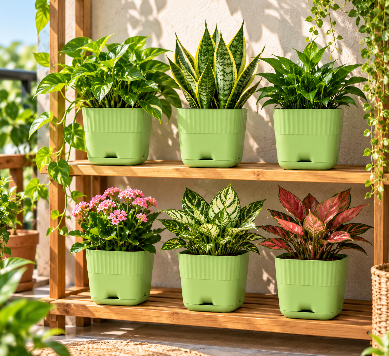 6-Inch Green Modern Self-Watering Plastic Plant Pots with Drainage Holes & Saucers (Pack of 5) thumbnail 2