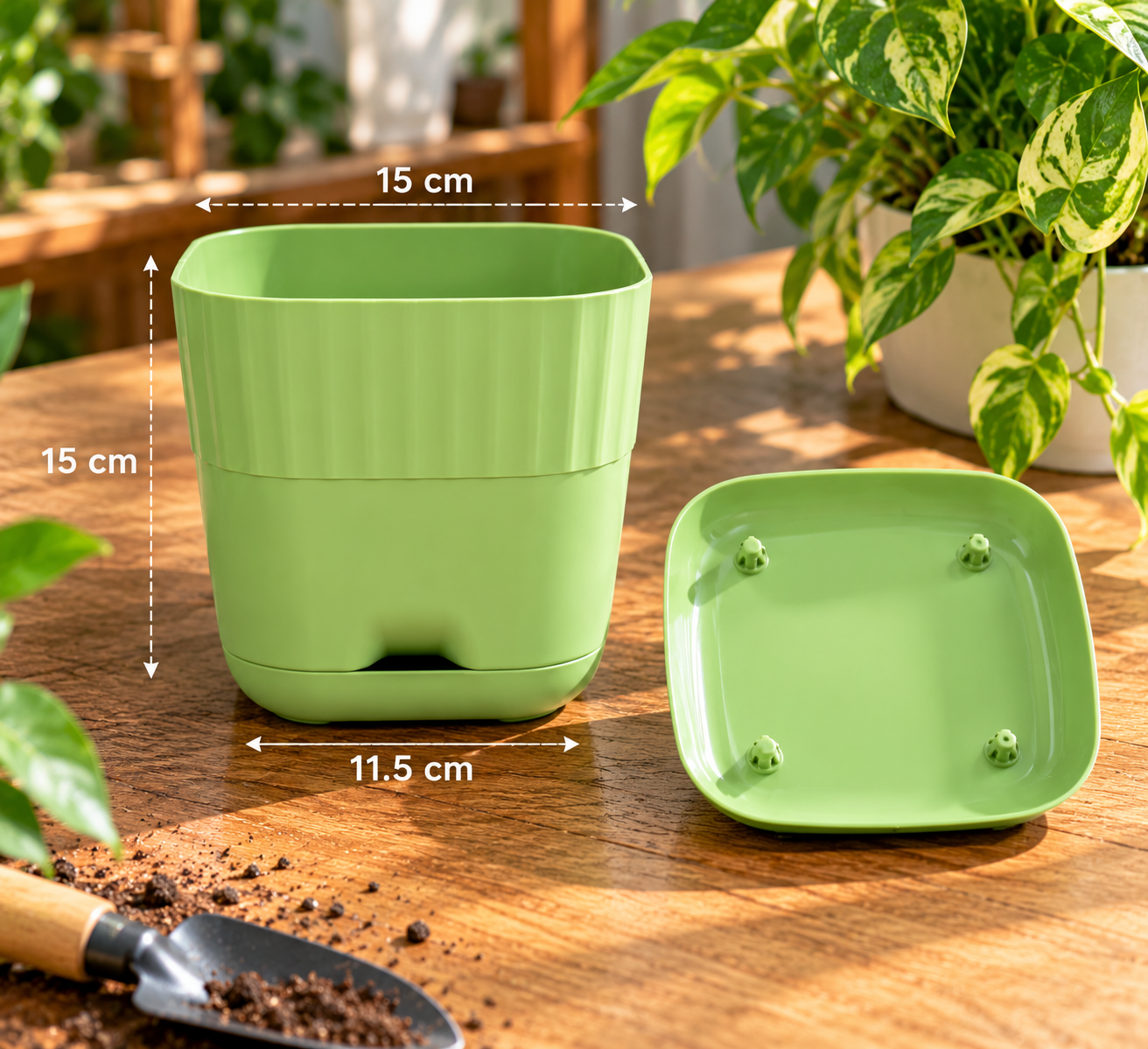 6-Inch Green Modern Self-Watering Plastic Plant Pots with Drainage Holes & Saucers (Pack of 5) thumbnail 3