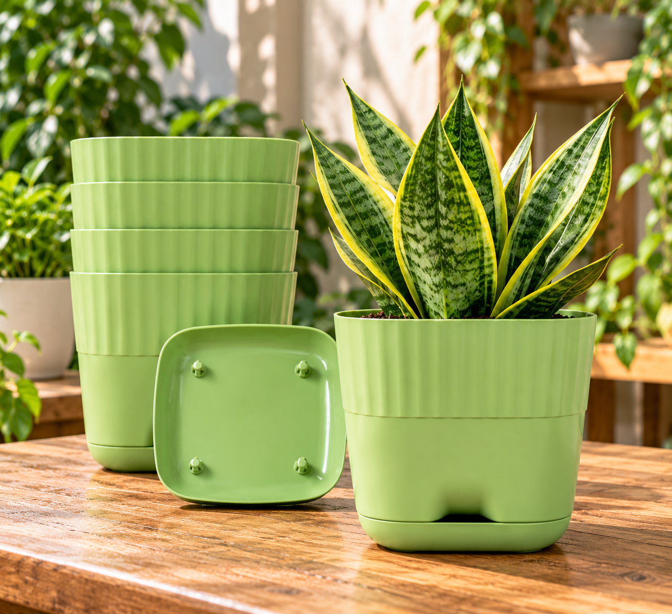6-Inch Green Modern Self-Watering Plastic Plant Pots with Drainage Holes & Saucers (Pack of 5) — Photograph 1 of 4