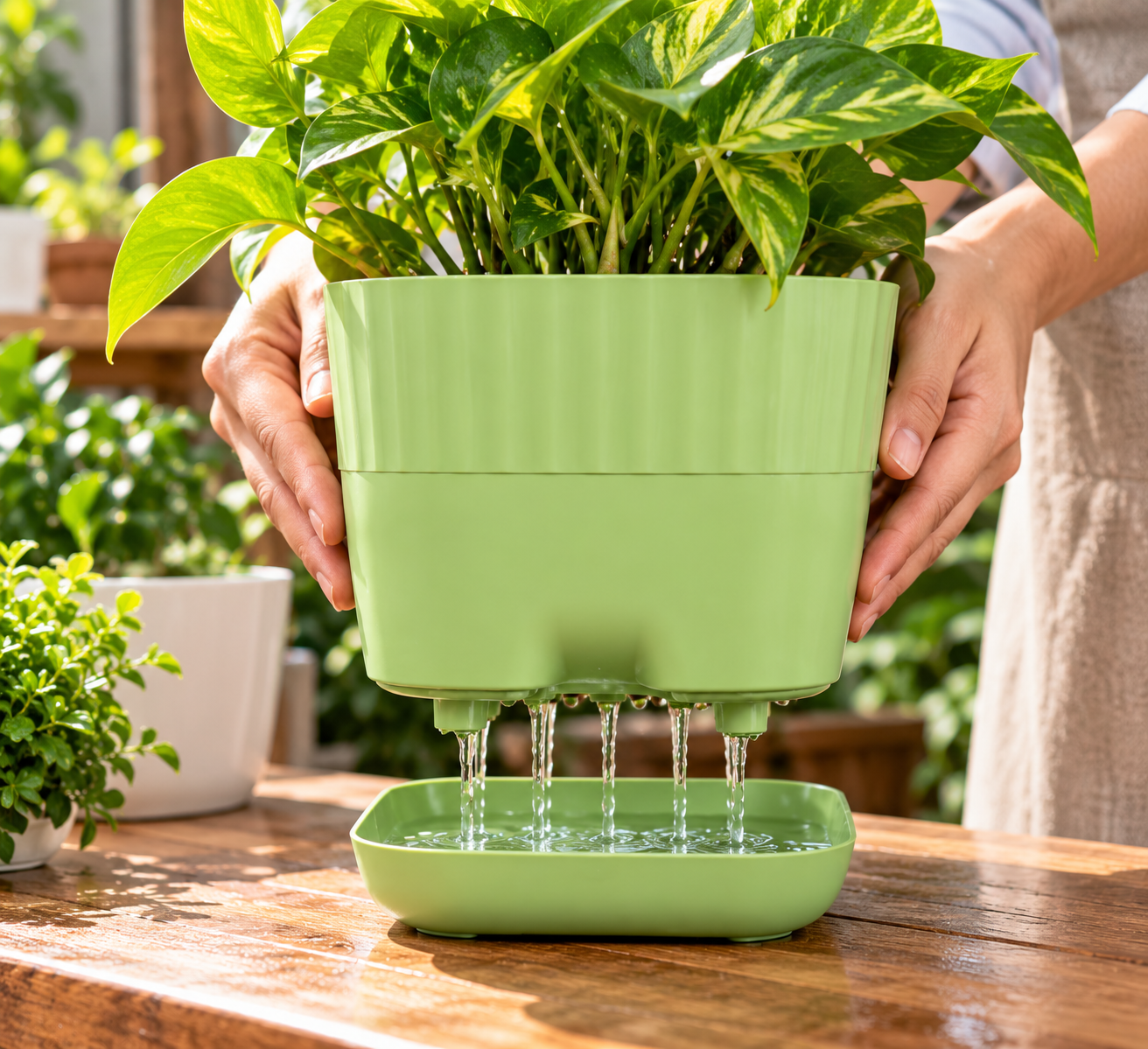6-Inch Green Modern Self-Watering Plastic Plant Pots with Drainage Holes & Saucers (Pack of 5) thumbnail 4