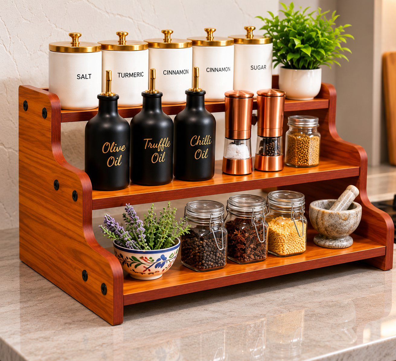 Wooden 3-Tier Kitchen Countertop Organizer | Premium Wooden Spice Rack & Utility Shelf Stand thumbnail 3