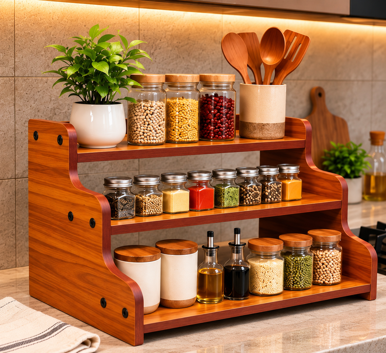 Wooden 3-Tier Kitchen Countertop Organizer | Premium Wooden Spice Rack & Utility Shelf Stand