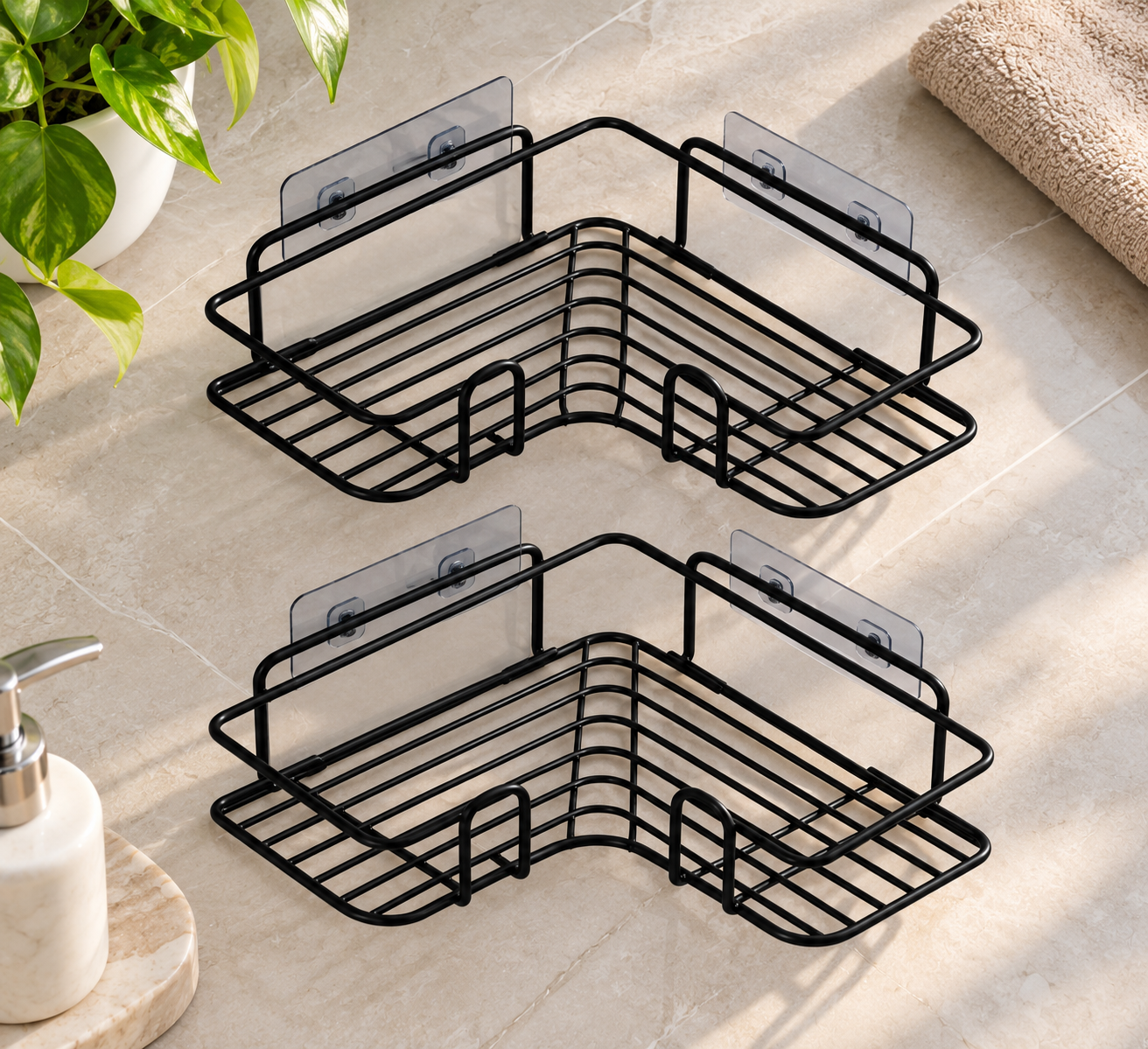 2-Piece Combo Self-Adhesive Metal Bathroom Corner Rack Storage Shelves