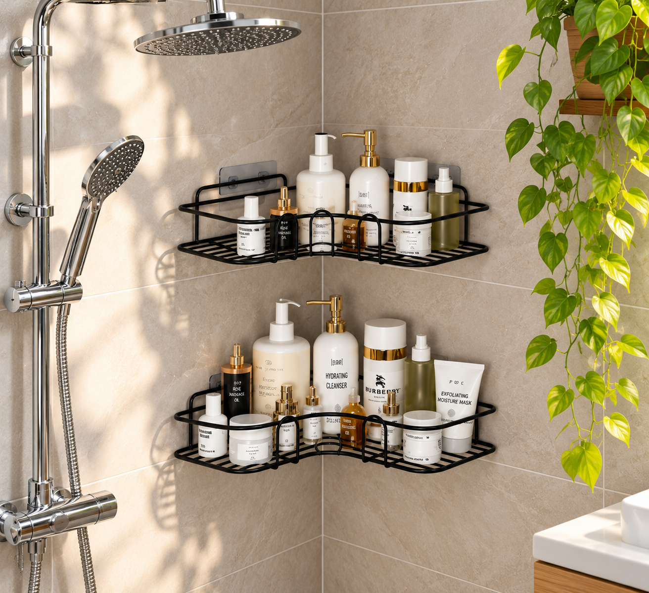 2-Piece Combo Self-Adhesive Metal Bathroom Corner Rack Storage Shelves thumbnail 2