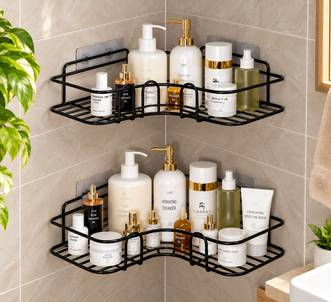 2-Piece Combo Self-Adhesive Metal Bathroom Corner Rack Storage Shelves thumbnail 3
