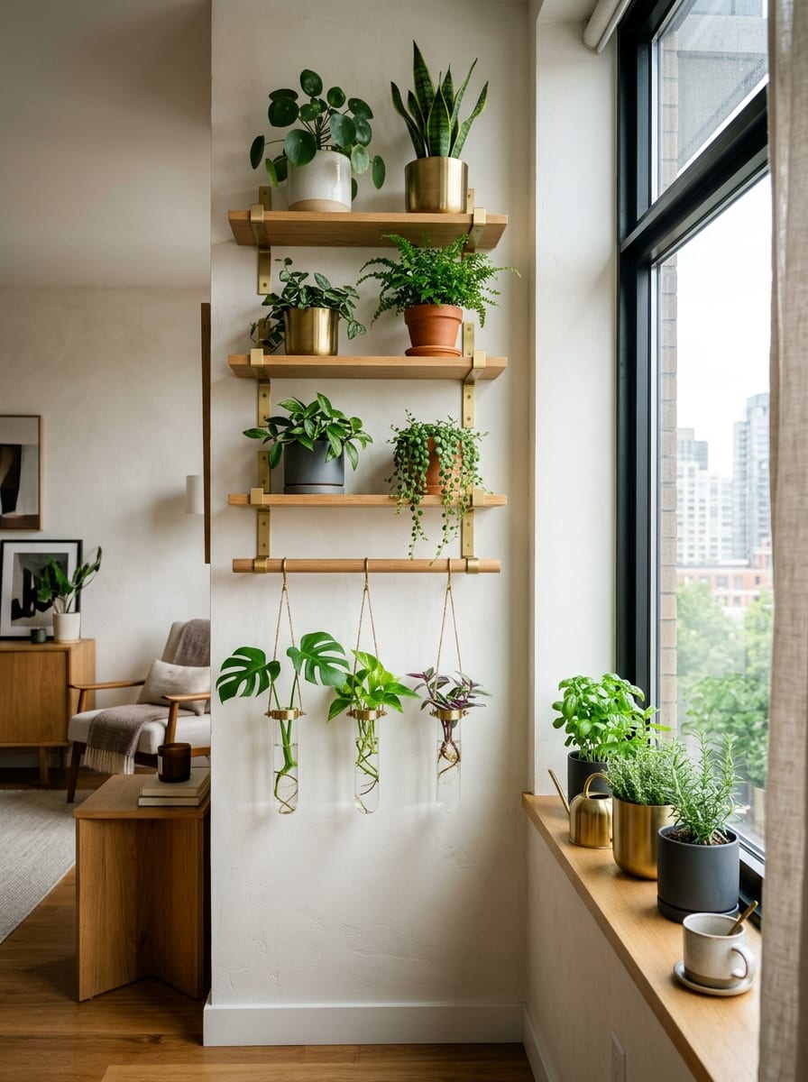 Small space plant suspension racks and shelves