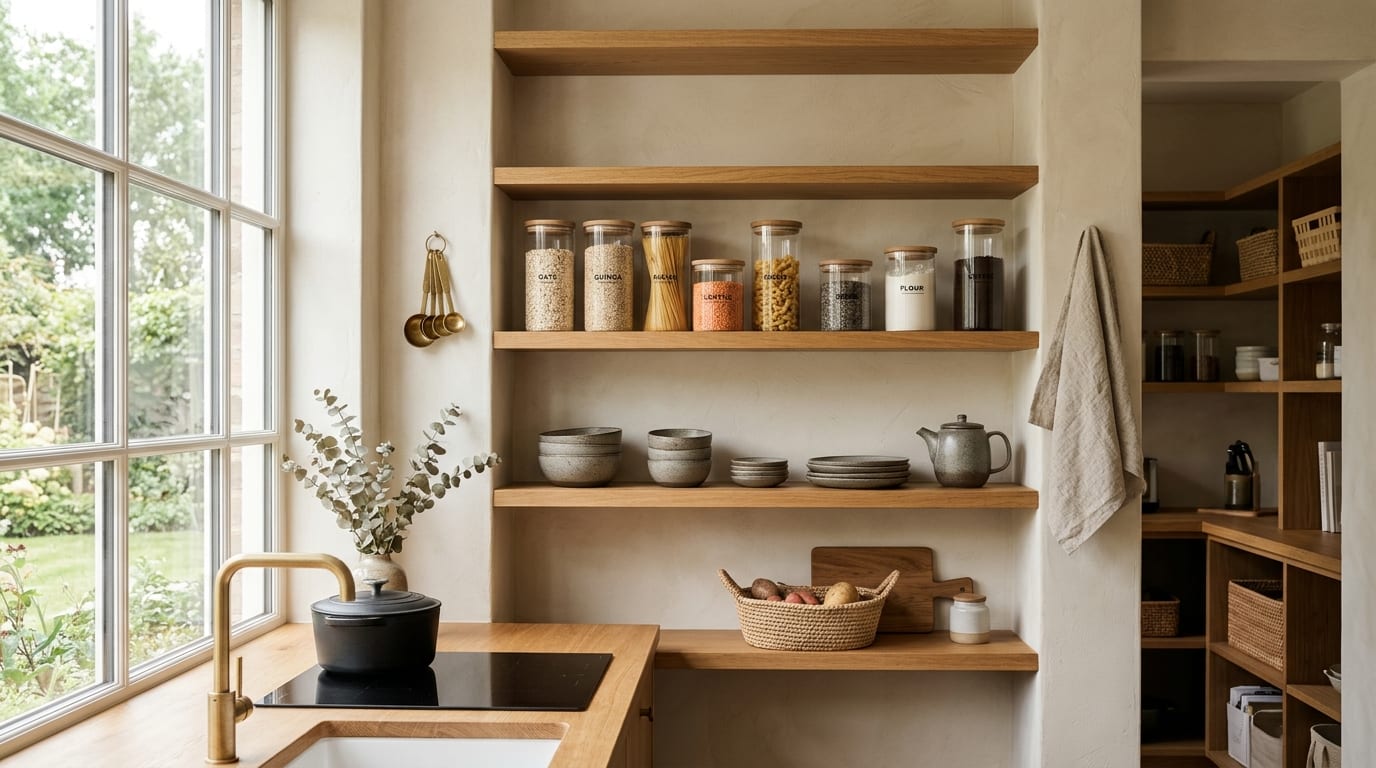 Minimalist warm Japanese-Scandinavian interior sanctuary with timber shelving and canisters