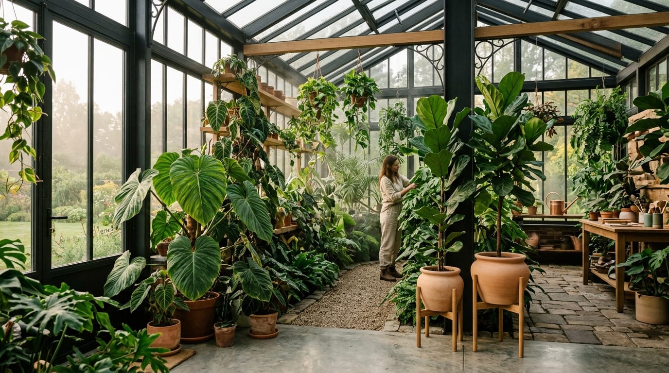 Deep nocturnal greenhouse atmosphere, lush tropical philodendron and exotic foliage