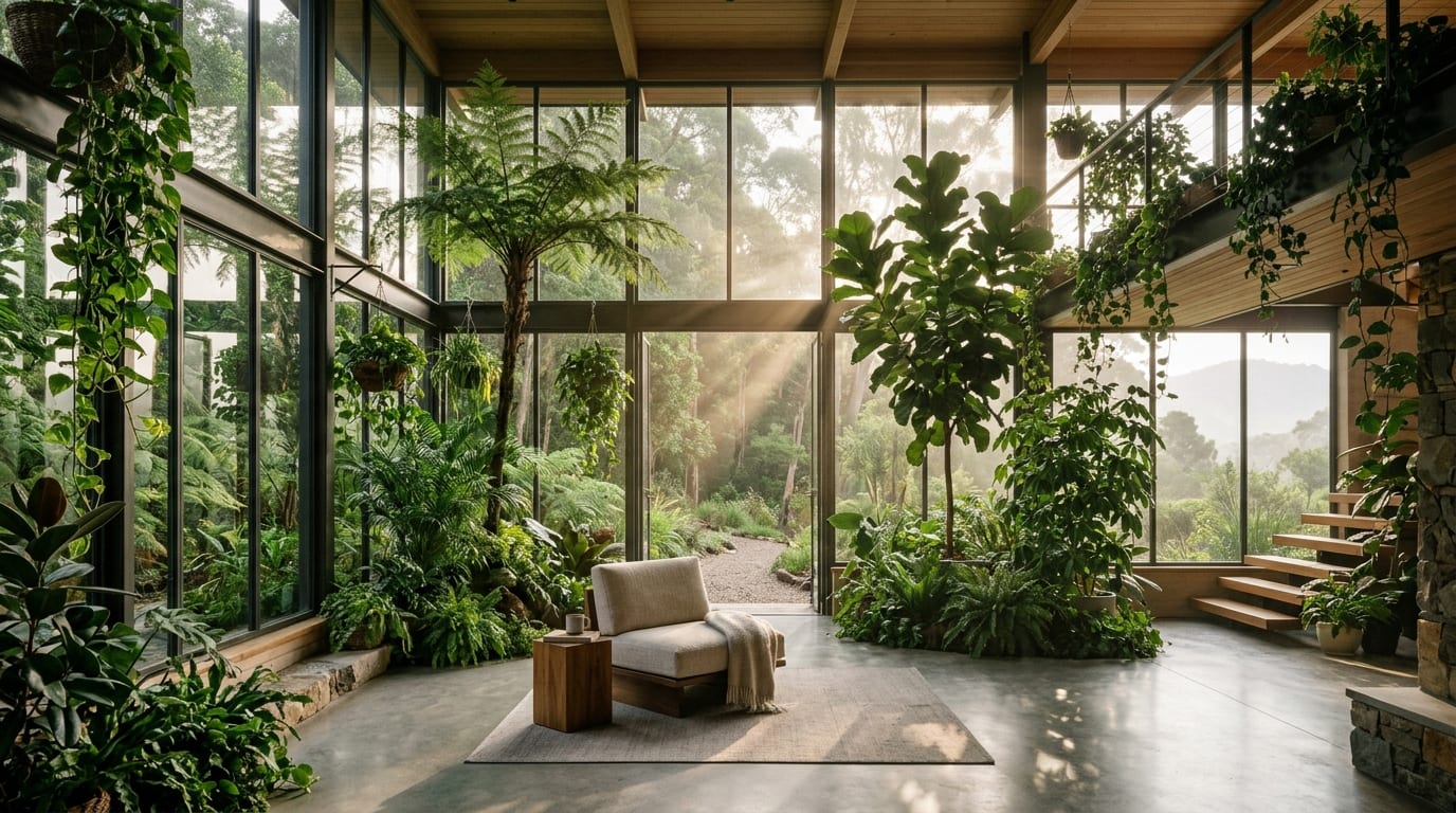 Wide cinematic architectural interior of greenhouse sanctuary